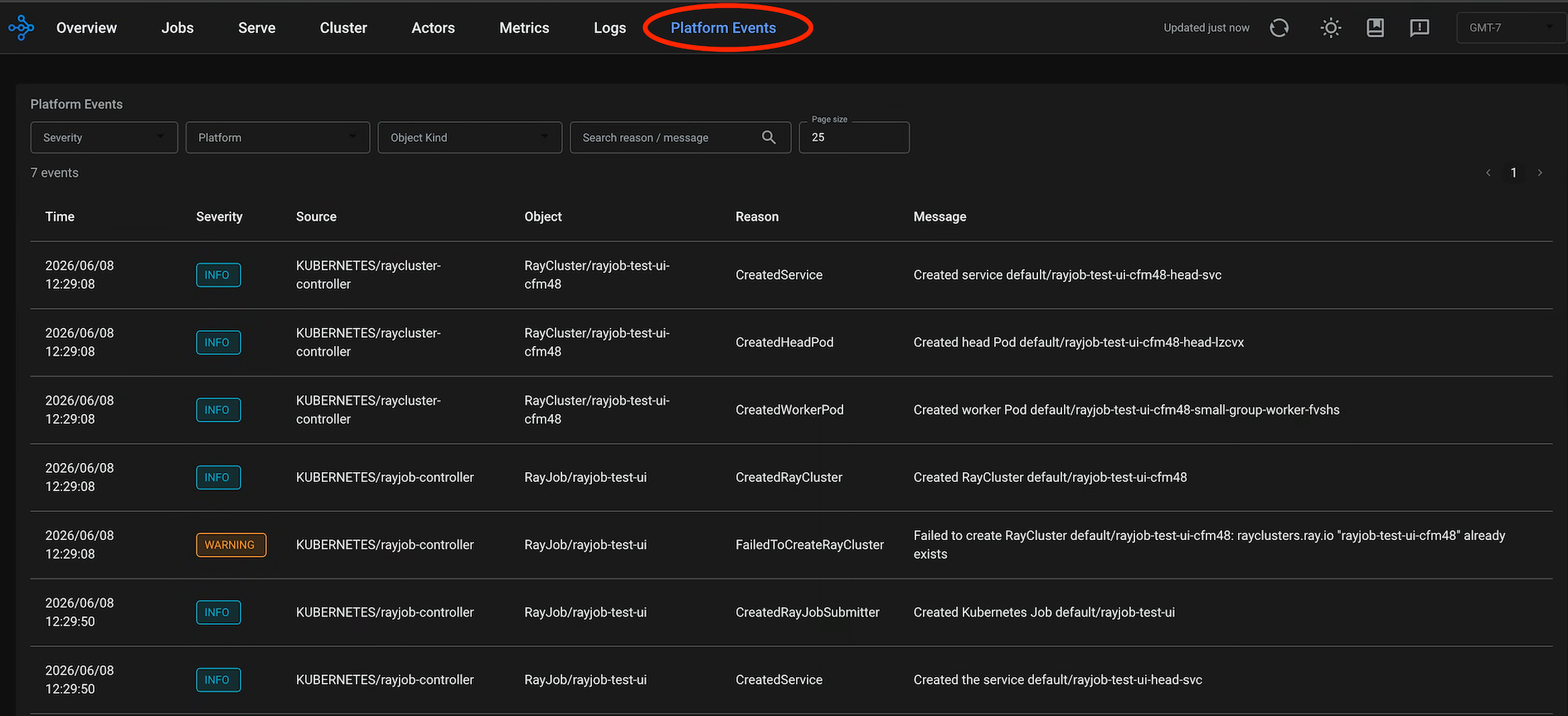 Ray Dashboard with the Platform Events tab selected, showing a table of Kubernetes lifecycle events with columns for time, severity, source, object, reason, and message.